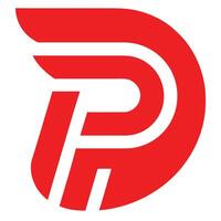 Red abstract logo, minimalist design, curved lines, letter P and D combination, bold geometric shape vector