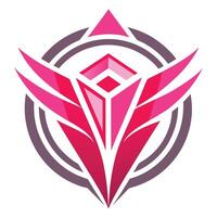 Logo design, geometric abstract, pink and purple, winged emblem, futuristic insignia, sharp angles, symmetrical composition, stylized bird or phoenix, minimalist, vector