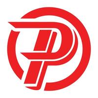 Logo design, red and white, circular emblem, stylized letter P, bold geometric shapes, minimalist vector