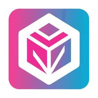 Geometric logo design, hexagonal shape, abstract cube, gradient background, pink to blue transition, minimalist vector