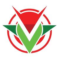 Logo design, stylized V shape, red and green colors, geometric, abstract, minimalist, circular border, vector