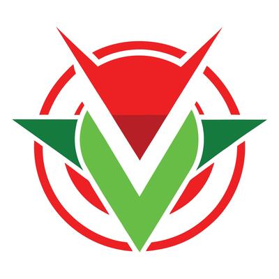 Logo design, stylized V shape, red and green colors, geometric, abstract, minimalist, circular border,