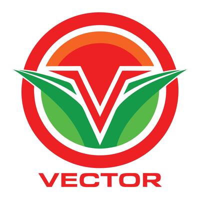 Logo design, circular emblem, red background, white V-shape, green stylized leaves,
