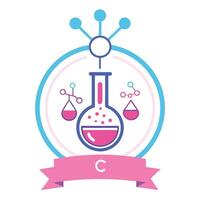 Chemistry logo, science icon, round emblem, flask with bubbling liquid, molecular structure, pink and blue color scheme vector