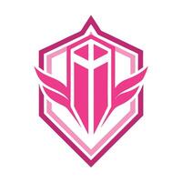 Logo design, geometric shield shape, vibrant pink color scheme, stylized wing elements, abstract tower or pillar vector