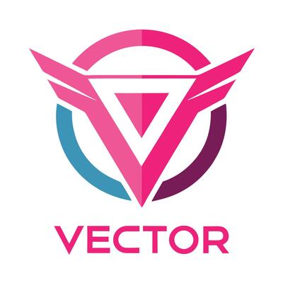 Logo design, geometric shapes, abstract wings, triangular emblem, pink and blue color scheme, minimalist,