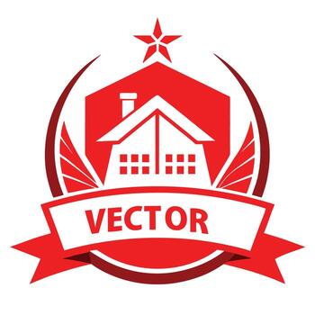 Red emblem, house logo, star icon, geometric design, illustration, real estate symbol, vector