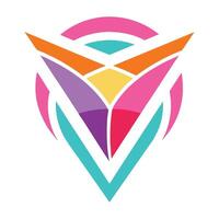 Abstract geometric logo, symmetrical design, vibrant colors, pink, orange, purple, yellow, teal, triangular shapes, vector