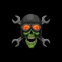 Green Skull in Aviator Helmet Wrench Crossbones, Vintage Style vector