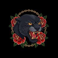 Aggressive Panther Portrait Traditional Tattoo Style with Red Roses vector