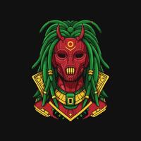 Cybernetic Oni Red Robotic Mask with Green Dreadlocks vector