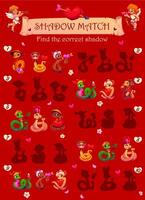 Shadow match valentines game worksheet with snakes vector