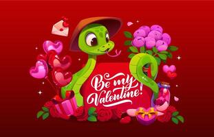 Be my valentine greeting card with green snake vector
