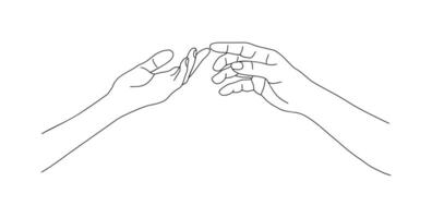 Two hands reaching towards, touching each other. Support and helping hand, relationship, friendship concept. Monochrome hand drawn line art vector