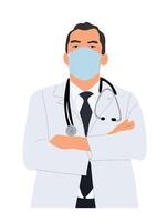 Confident male doctor character. Portrait of medic worker in coat, mask with stethoscope. vector