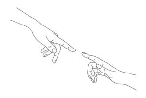 Two hands reaching towards, touching each other. Support and helping hand, relationship concept. Monochrome hand drawn line art vector