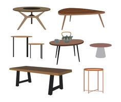 Table set. Modern trendy dining furniture, coffee tables, different round and irregular shapes, sizes. vector