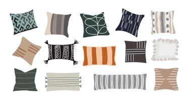 Set of trendy bed and couch pillows. Modern home cushions of different shapes and sizes vector