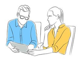 Business man and woman working together, using laptop, discussing. Line art, linear, outline, thin line, hand drawn sketching design vector