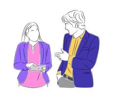 Business man and woman working together, discussing. Line art, linear, outline, thin line, hand drawn sketching design simple vector