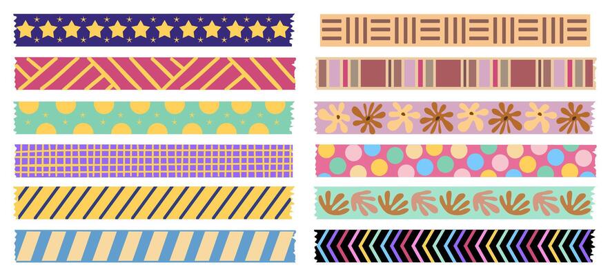 Washi tapes abstract collection. Colorful scrapbook stripes, sticky label tags, decorative scotch strip, floral, geometric abstract elements. Isolated on white background. Digital stickers for planner