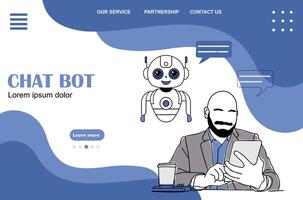 Landing page, web site template with AI chat bot virtual assistant. Artificial Intelligence in business process concept vector