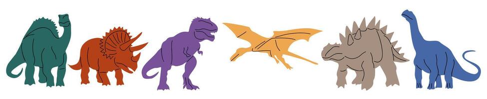 Set of different dinosaurs multicolored silhouettes. vector