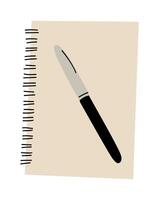 Notepad and pen. Paper sheet of notebook for memo notes, plans and pen. Blank diary, planner on spirals. Organizer for business records vector