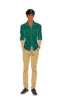 Young man in casual clothes standing full length in confident pose with his arms in pockets vector
