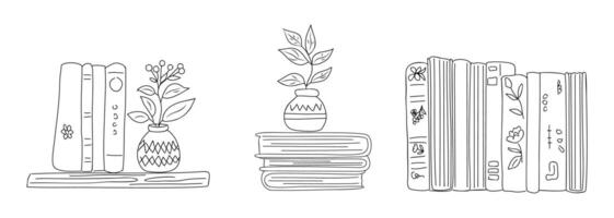 Stacks of books for reading, pile of textbooks for education. Set of literature, dictionaries, encyclopedias, planners with tiny flowers in vases vector