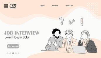 Job interview landing page template with hand drawn business scene of professionals sitting on the desk with laptop. vector
