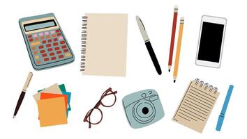 Stationery set. Memo paper note, notebook, notepad, pencils, text highlighter, felt-tip pen, glasses, camera, smartphone. Office supplies, marker, liner. vector