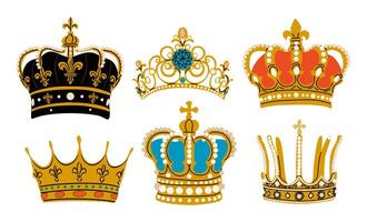 Set of royal crowns different colors and shapes vector