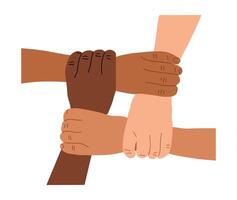 Multiracial holding hands together for support, trust and solidarity. Cooperation concept. People in mutual connection, unity, linking arms vector