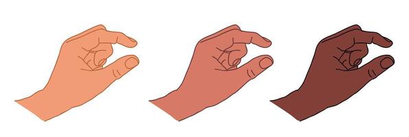 Hand showing size between fingers, little bit. Gesture showing measuring in sign language. Outline drawing of hands with different skin colors vector