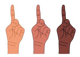 Number One Hand Finger Pointing Up. Outline drawing of hands with different skin colors vector