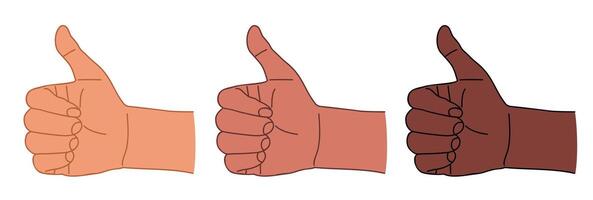 Thumb up Hand Finger Pointing. Like sign Outline drawing of hands with different skin colors vector
