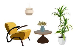 Modern living room interior with armchair, coffee table, houseplant in pot, vase, lamp. Comfortable Mid Century, Scandic hygge style furniture set vector