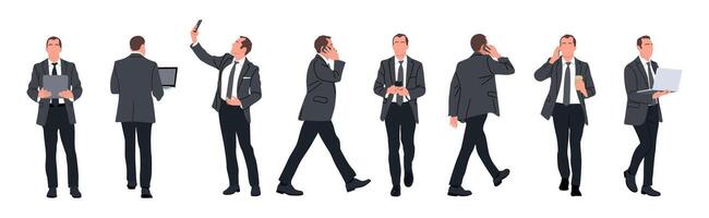 Set of Businessman character in different poses. Handsome man wearing formal suit standing, walking, using phone, tablet, laptop, front, back, side view. vector