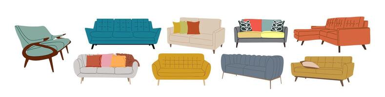 Set of modern sofas different types and colors. Collection of stylish furniture for living room interior design, various couches front, side view vector