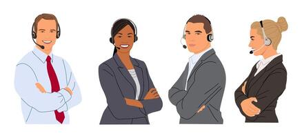 Call center, hotline, customer service representative with headsets realistic illustrations isolated. Technical support department workers, telemarketing agents. Multiethnic diverse team. vector
