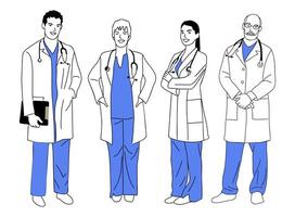 Set of smiling doctors, nurses. Different male, female medic workers in uniform with stethoscopes. Outline illustration isolated on white background. Korean japanese asian cartoon linear style. vector