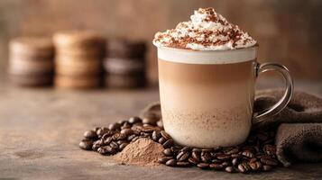 mocha mousse - color of the year 2025. cup of cappuccino coffee on wooden background . photo
