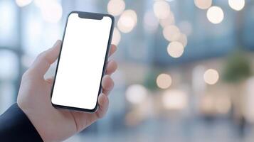 hand holding smartphone with white mock up screen, bokeh background photo