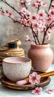 Delicate blossoms and a serene beverage create a tranquil setting for relaxation and rejuvenation photo