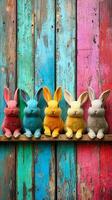 Colorful wooden rabbits create a vibrant display on a rustic backdrop in an artistic corner photo