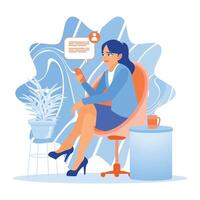 Woman sitting on a chair and playing on a smartphone, sending text messages on social media apps. vector