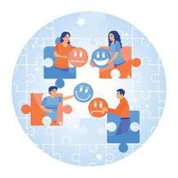 People in the team are holding emoji icons with puzzle elements. vector