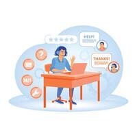 Friendly customer support operators answer questions and requests online. vector
