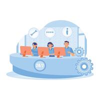 A 24 7 customer support team works in the call center. vector